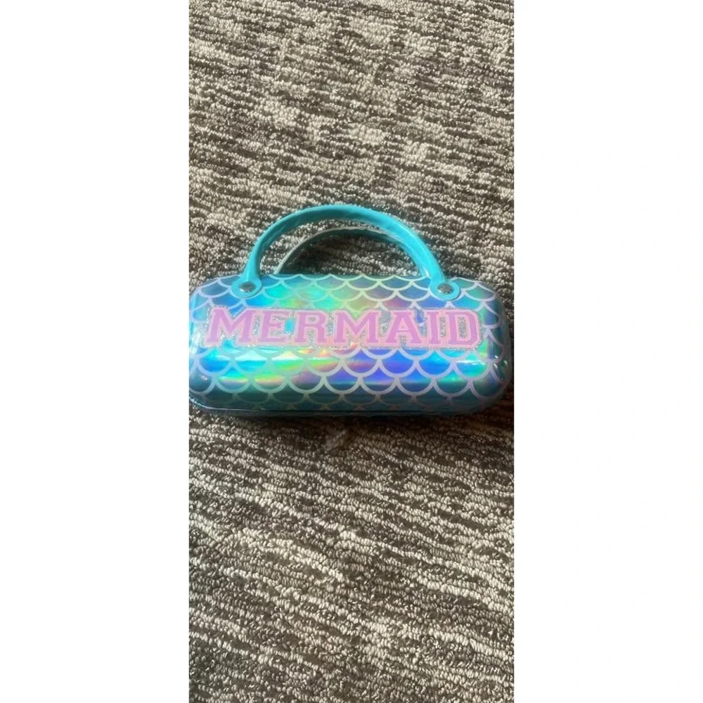 Iridescent Mermaid Scale Hard Shell Glasses Case with Handles Teal Holographic